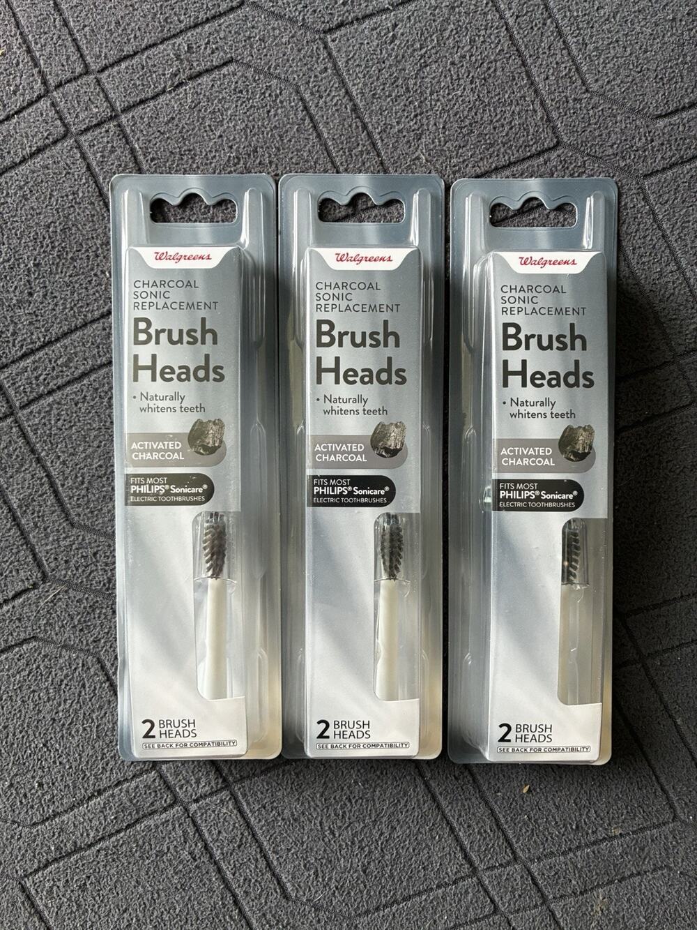 3- 2pk Walgreens Charcoal Sonic Replacement Brush Heads, Fits Philips Sonicare